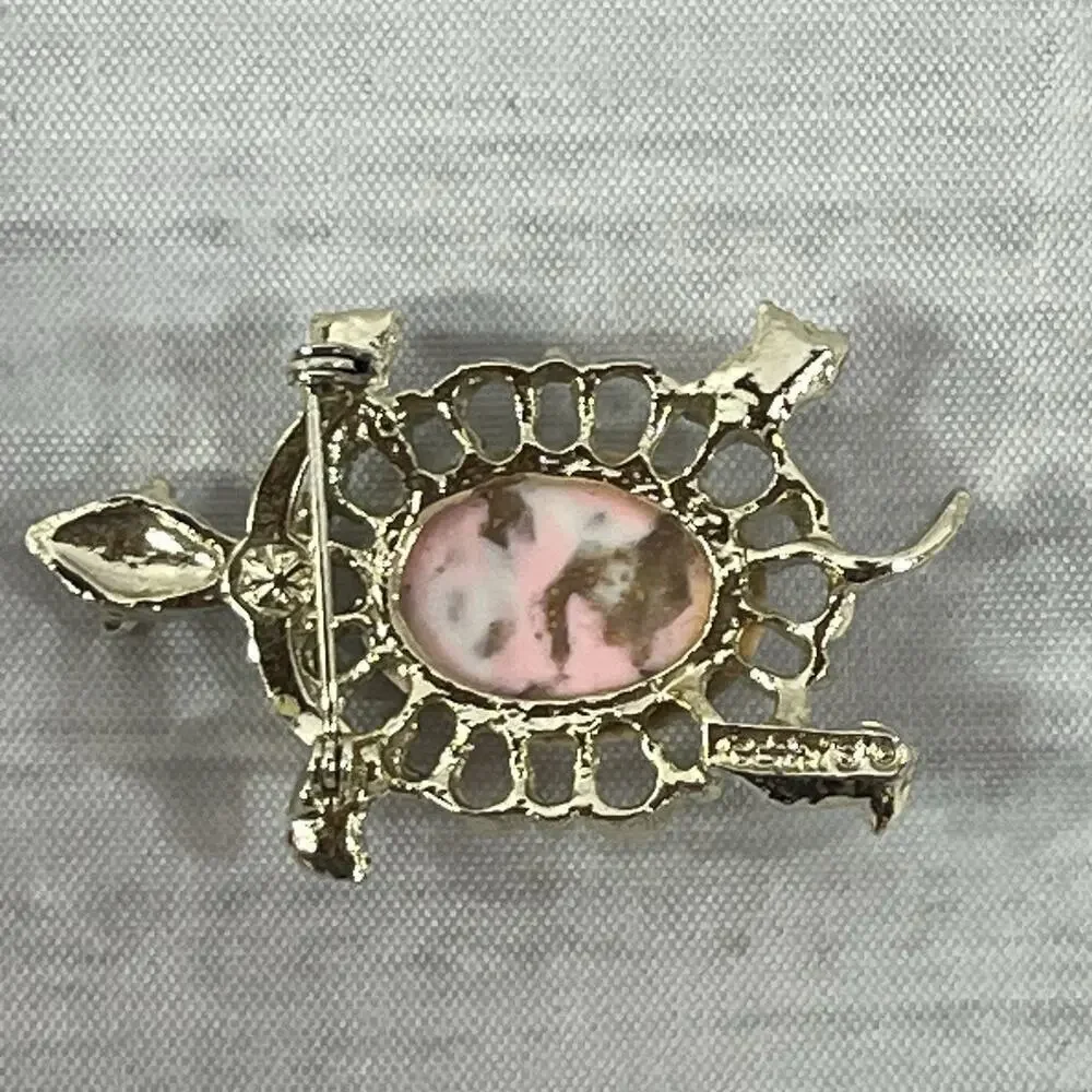 Vintage Gerrys Turtle Art Glass Cabochon Brooch Pin Marble Brown Gold 2.25